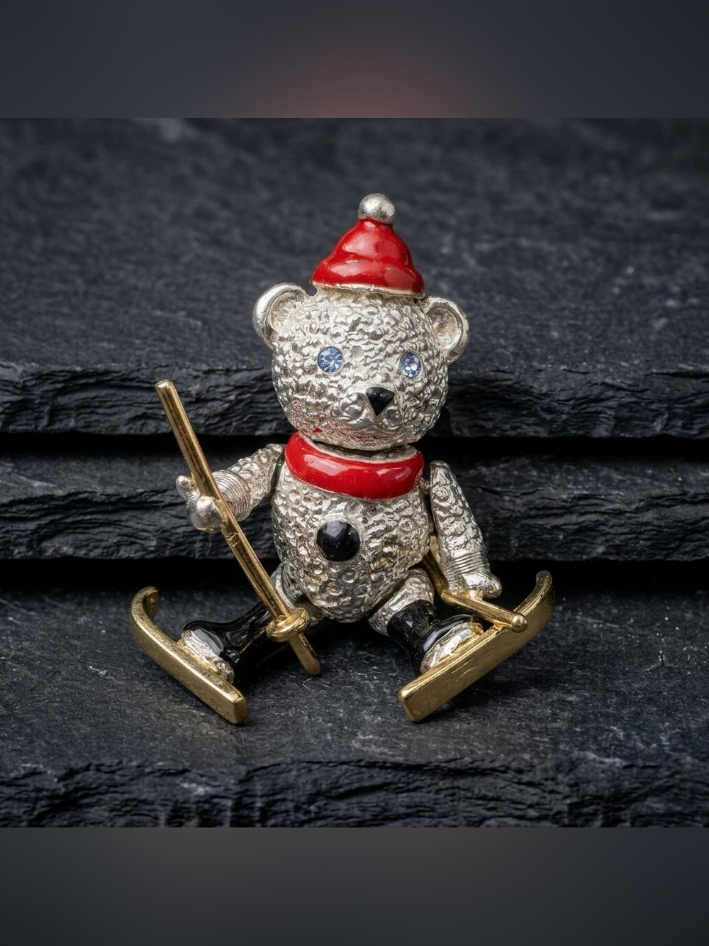 Vintage 80s Napier Holiday Christmas Articulated Enamel Skiing Teddy Bear Brooch